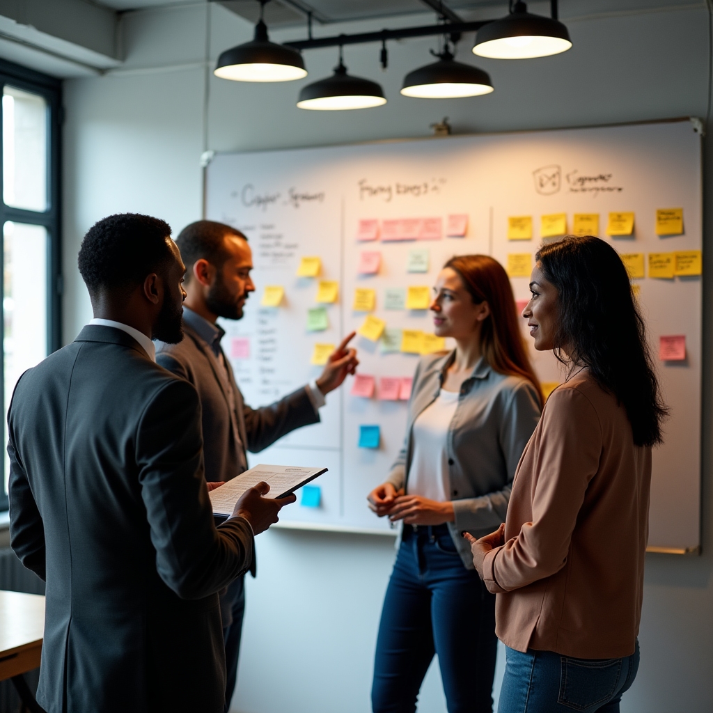 Equipo analizando retos de un proyecto en una pizarra con notas adhesivas