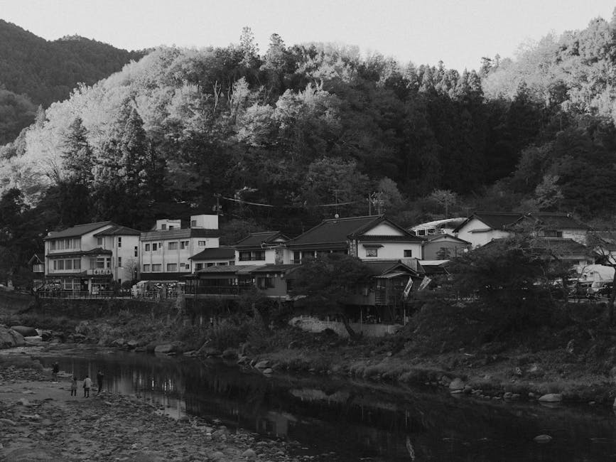A serene black and white landscape of a village by a river in Toyota, Japan.